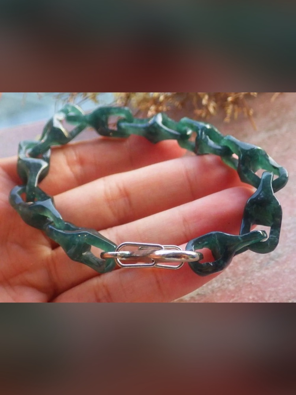 Elegant dark green certificate jadeite jade link bracelet 7inches